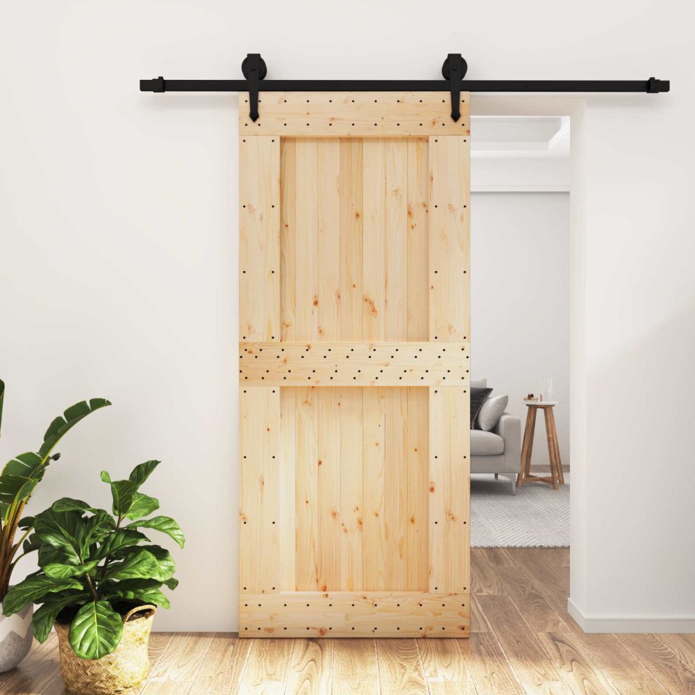 vidaXL Skjutdörr Naturlig och svart 90 x 210 cm Massiv furuträdörr
