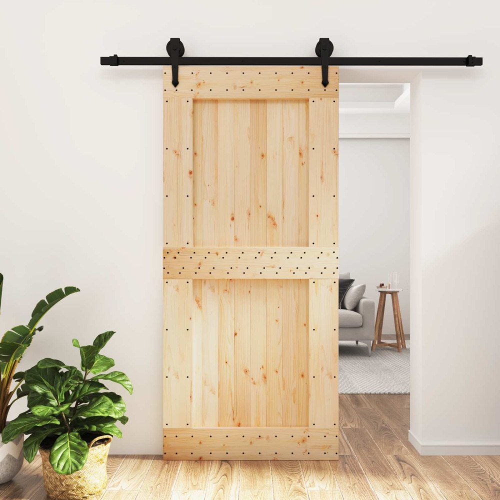 vidaXL Skjutdörr Naturlig och svart 95 x 210 cm Massiv furuträdörr