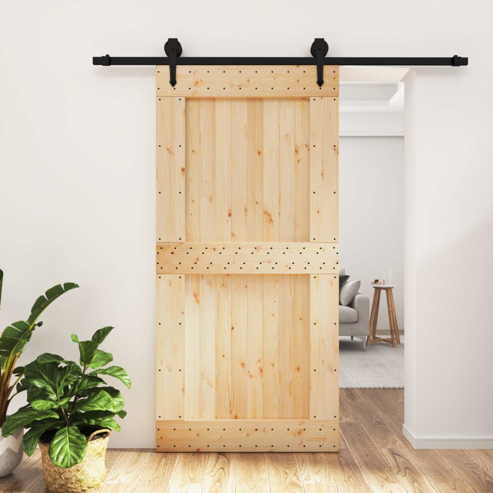 vidaXL Skjutdörr Naturlig och svart 100 x 210 cm Massiv furuträdörr