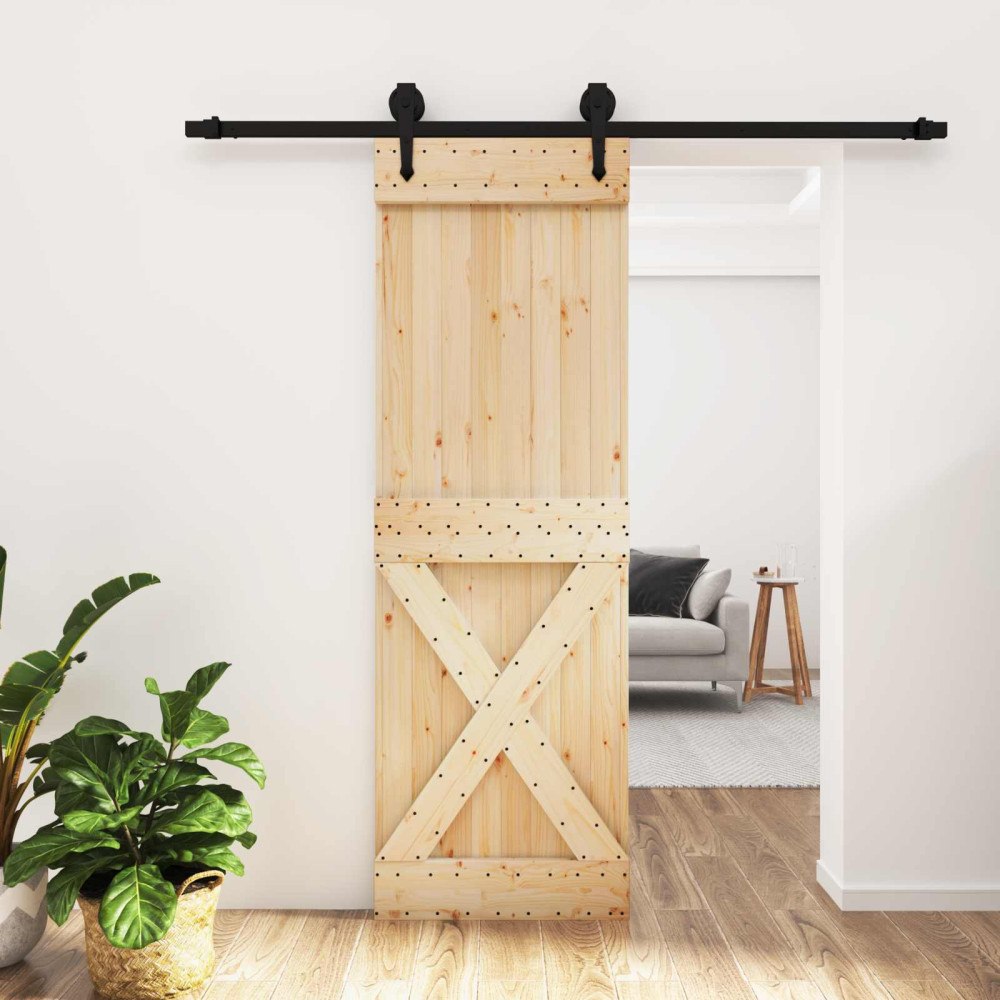 vidaXL Skjutdörr Naturlig och svart 70 x 210 cm Massiv furuträdörr