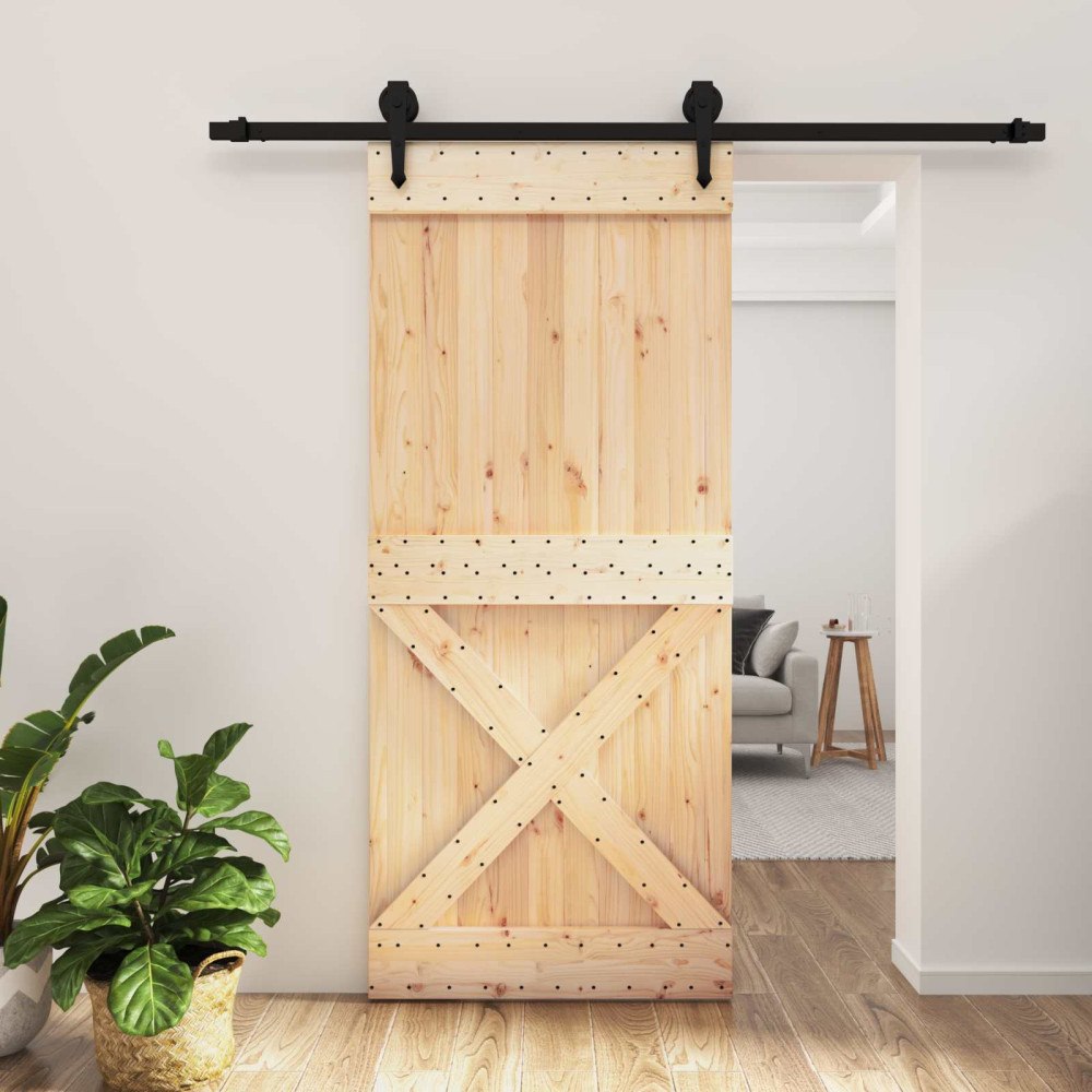 vidaXL Skjutdörr Naturlig och svart 90 x 210 cm Massiv furuträdörr