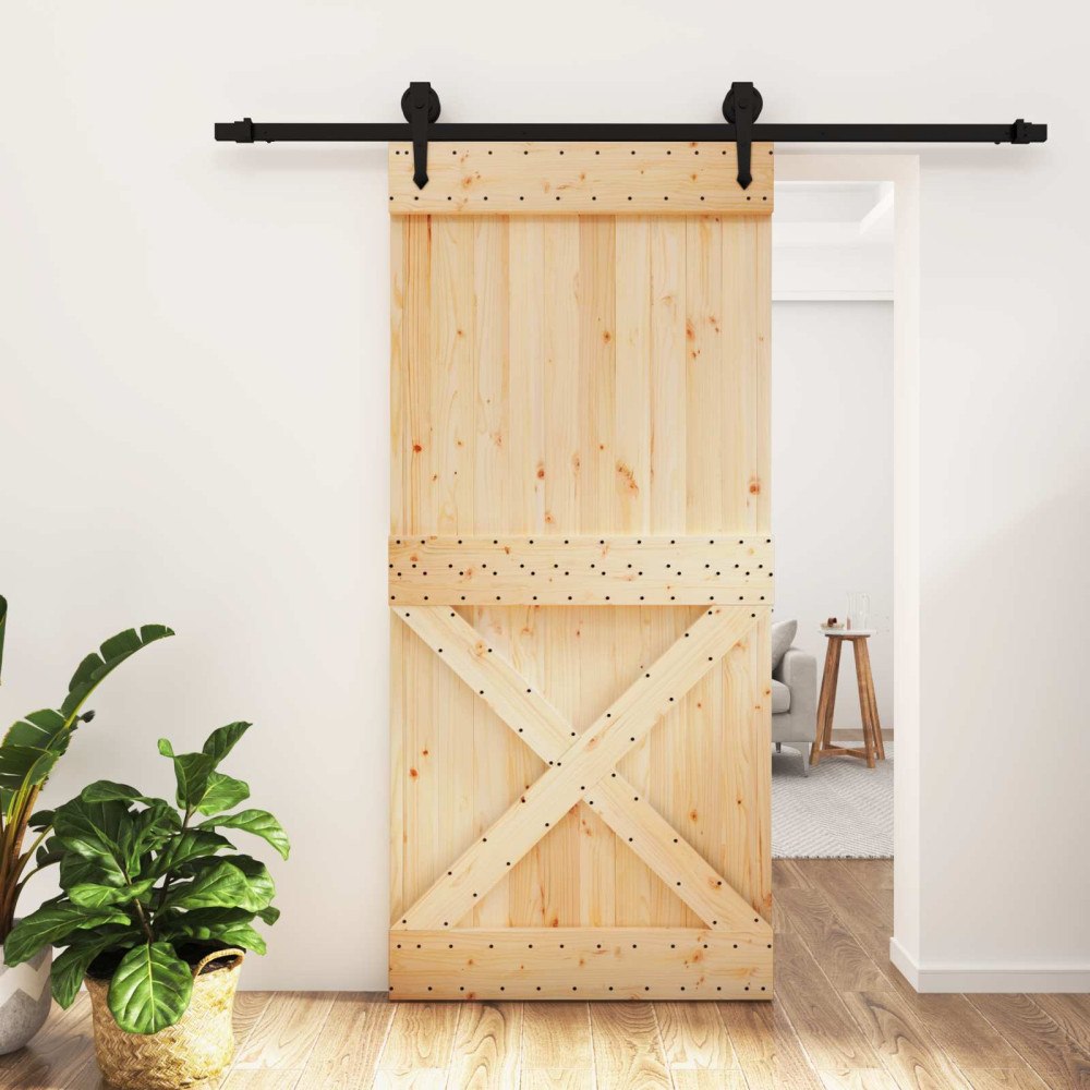 vidaXL Skjutdörr Naturlig och svart 95 x 210 cm Massiv furuträdörr