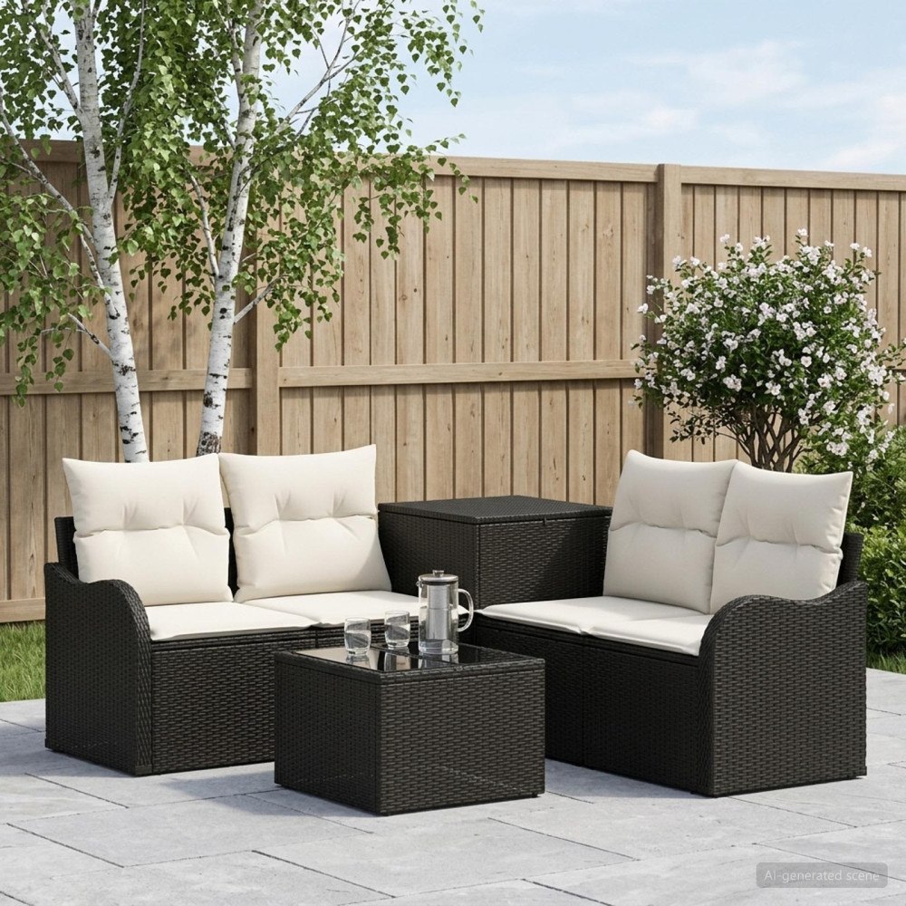 vidaXL Soffset 6 st Svart och krämvit Poly Rattan och stål