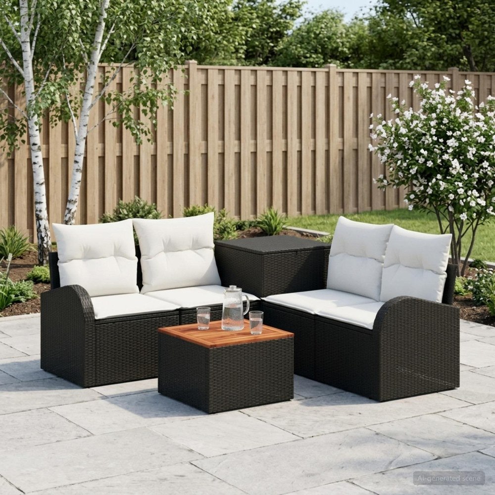 vidaXL Soffset 6 st Svart och krämvit Poly Rattan och stål