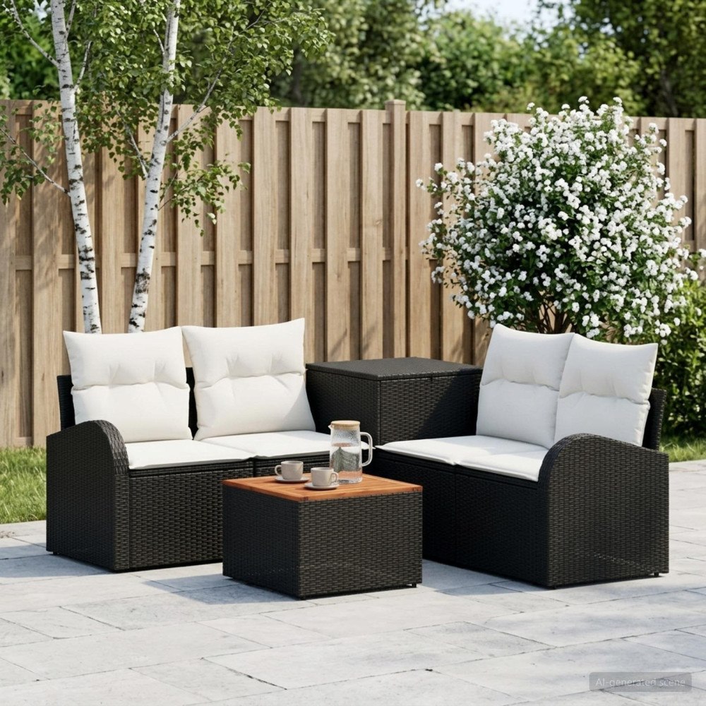 vidaXL Soffset 6 st Svart och krämvit Poly Rattan och stål