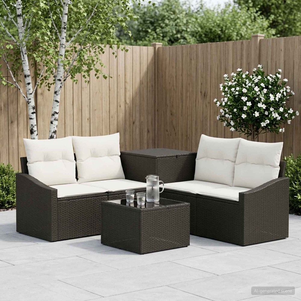 vidaXL Soffset 6 st Svart och krämvit Poly Rattan och stål