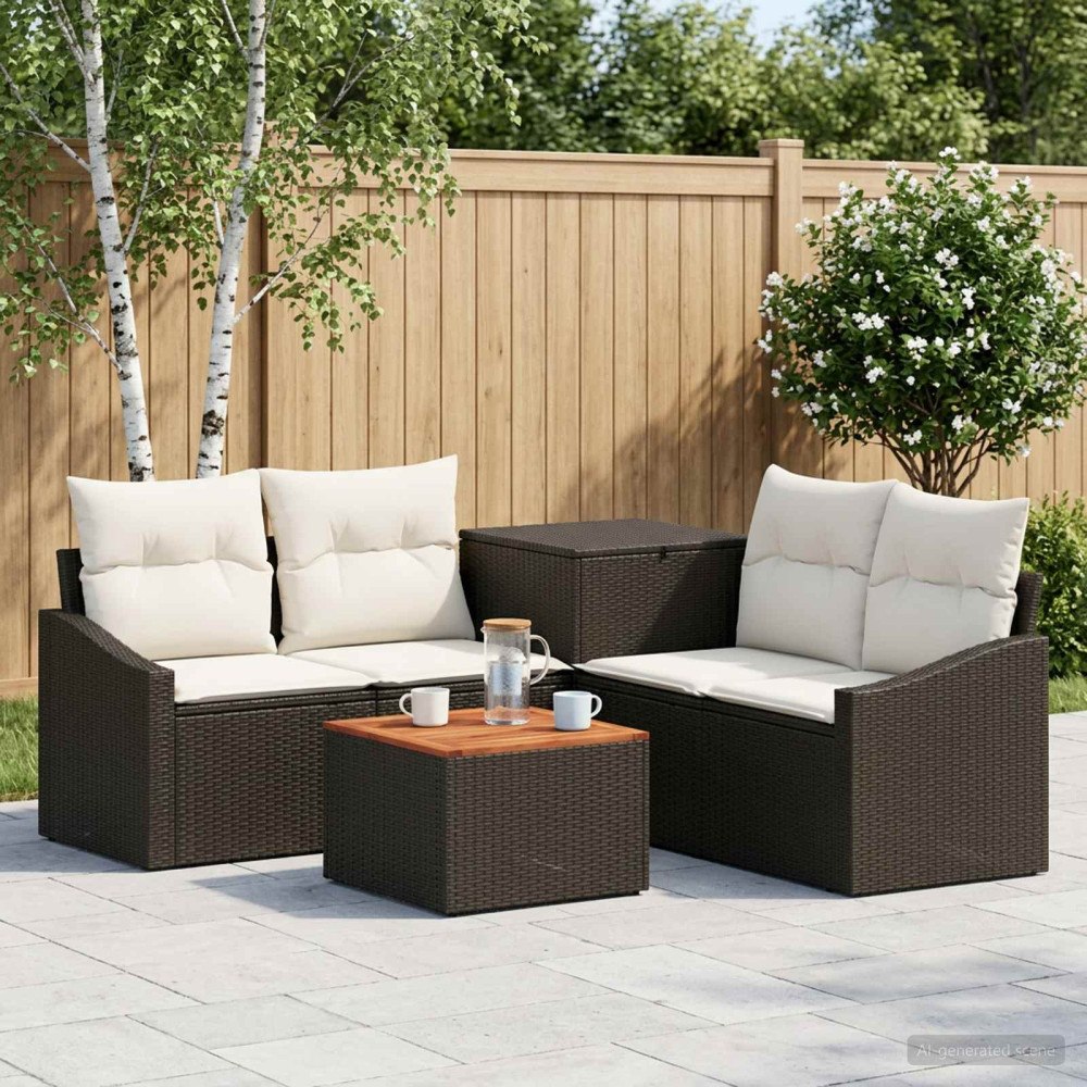 vidaXL Soffset 6 st Svart och krämvit Poly Rattan och stål