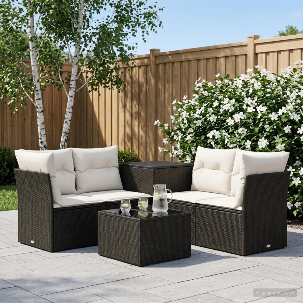vidaXL Soffset 6 st Svart och krämvit Poly Rattan och stål