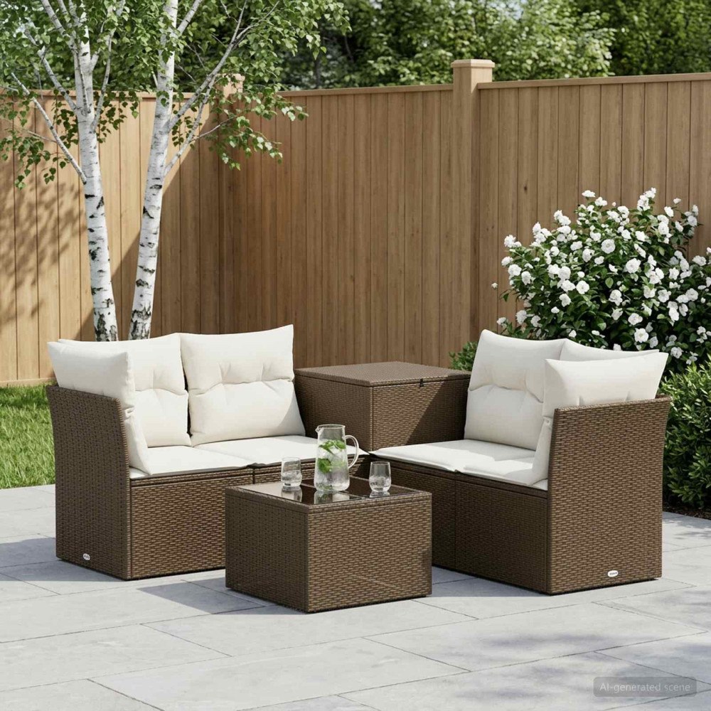 vidaXL Soffset 6 st Brun och krämvit Poly Rattan och stål