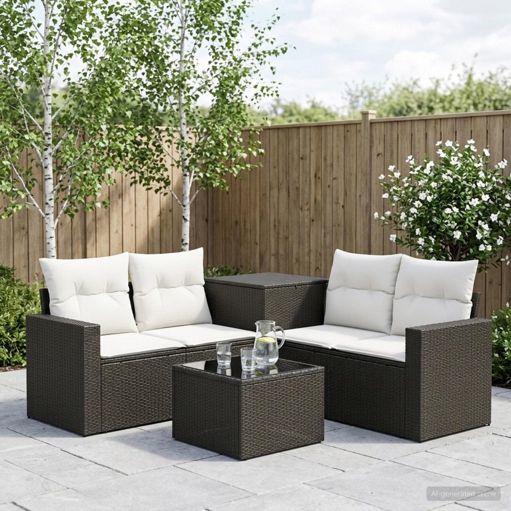 vidaXL Soffset 6 st Svart och krämvit Poly Rattan och stål