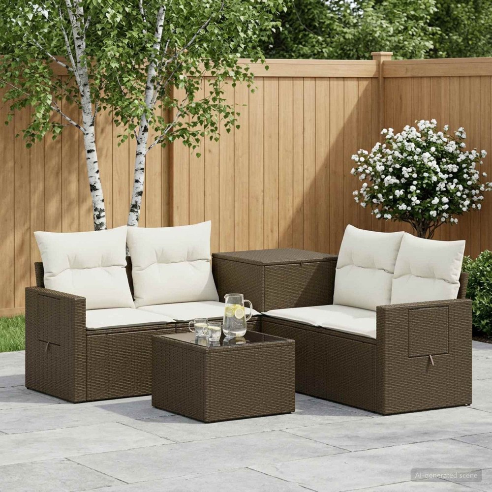 vidaXL Soffset 6 st Brun och krämvit Poly Rattan och stål