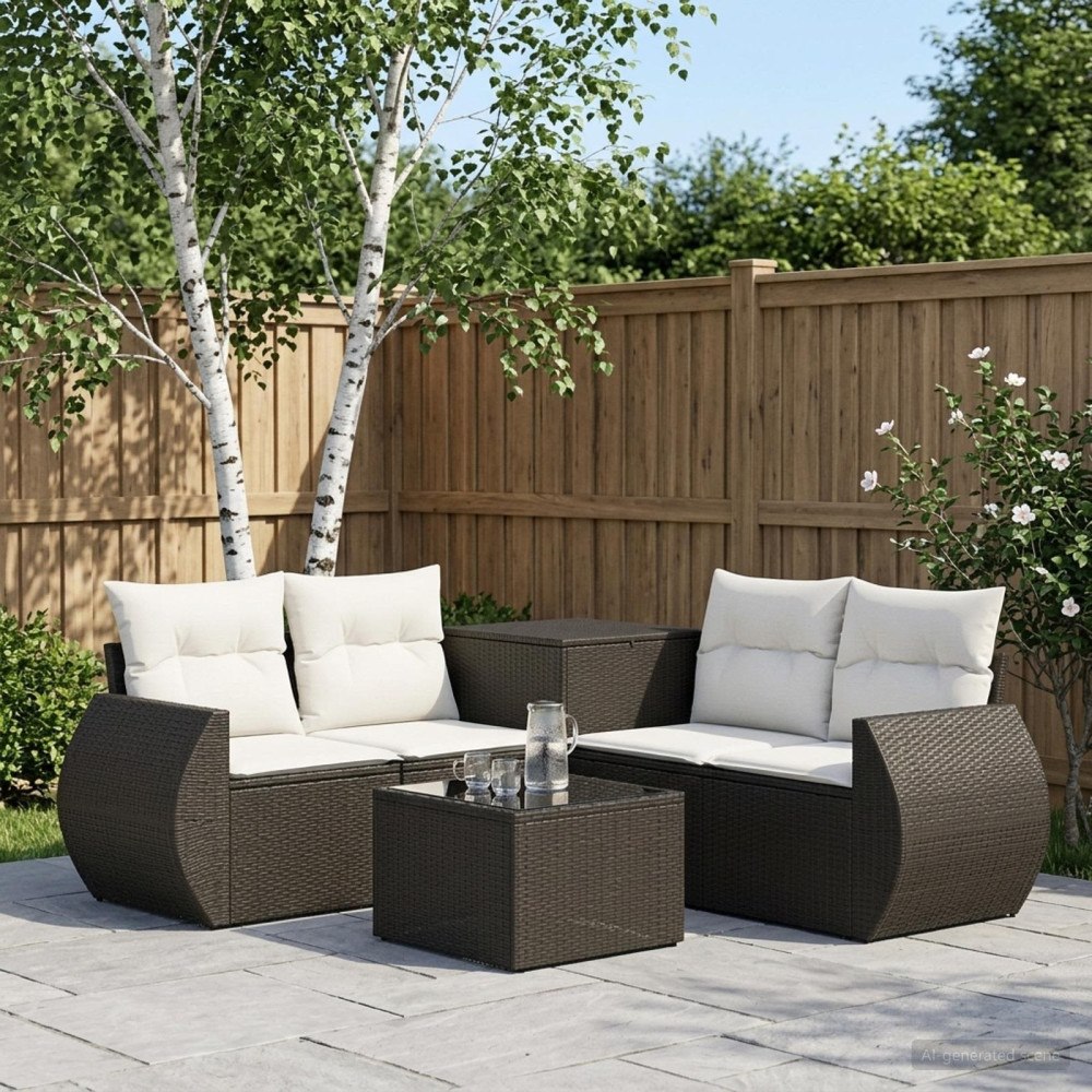 vidaXL Soffset 6 st Svart och krämvit Poly Rattan och stål