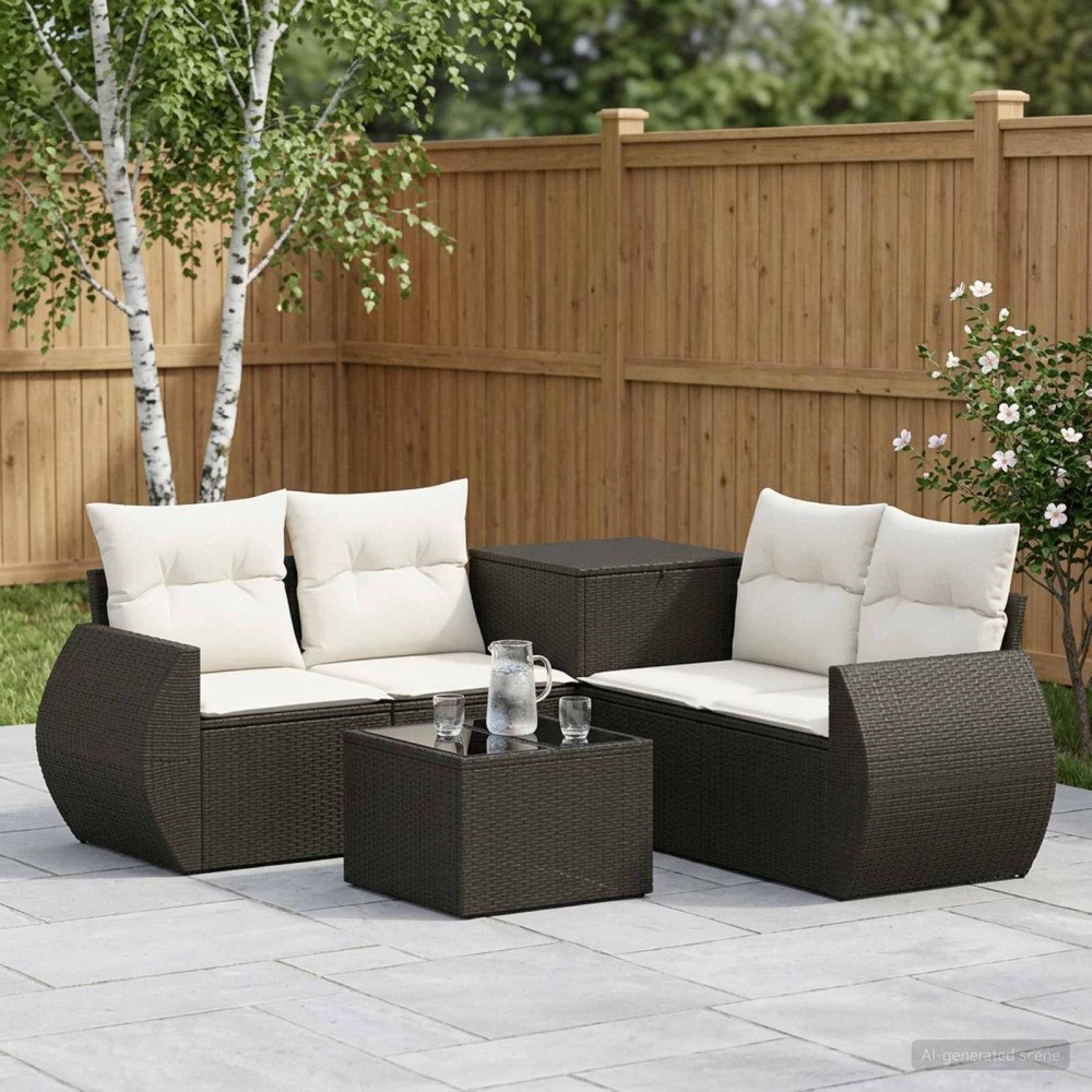 vidaXL Soffset 6 st Svart och krämvit Poly Rattan och stål