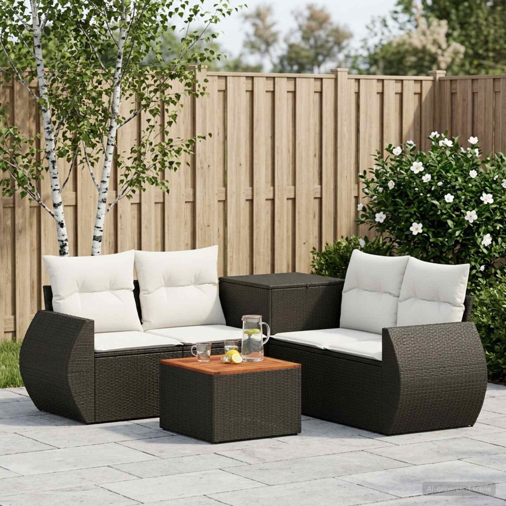 vidaXL Soffset 6 st Svart och krämvit Poly Rattan och stål