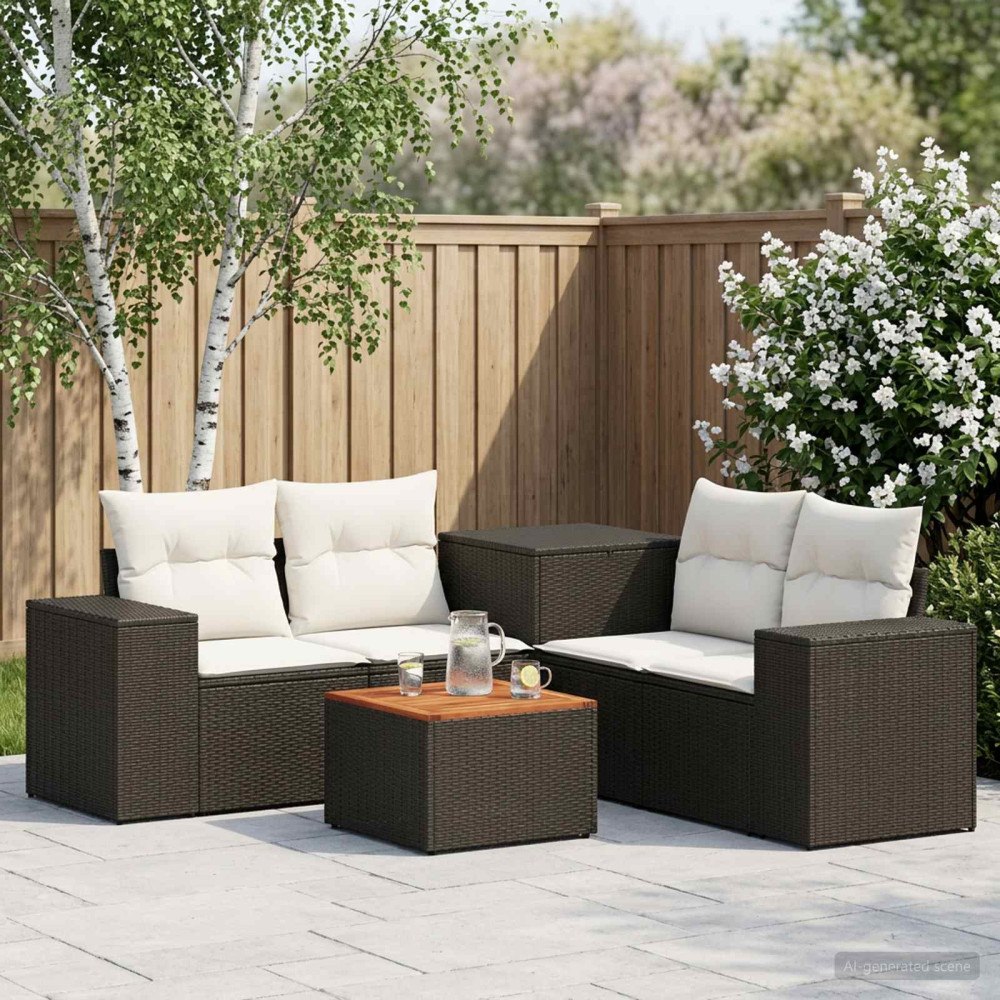 vidaXL Soffset 6 st Svart och krämvit Poly Rattan och stål