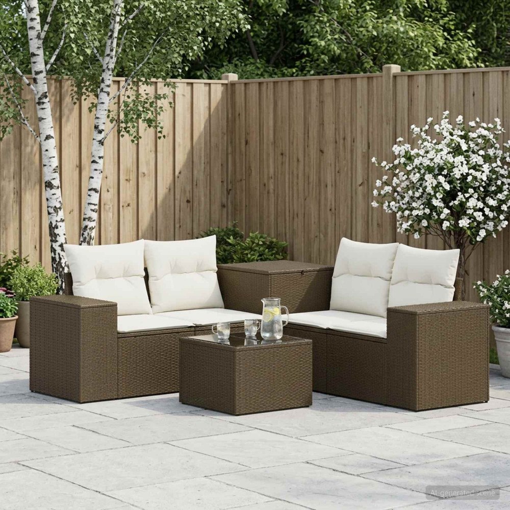 vidaXL Soffset 6 st Brun och krämvit Poly Rattan och stål