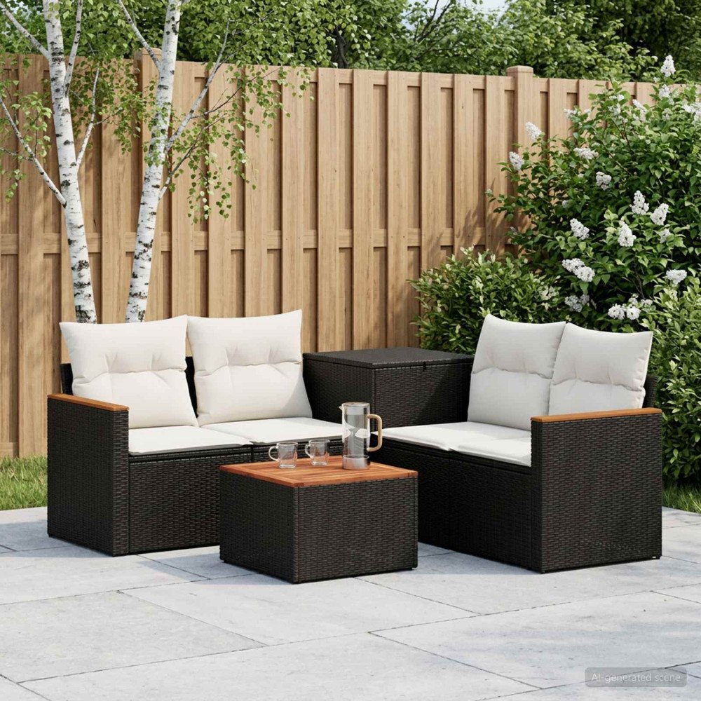 vidaXL Soffset 6 st Svart och krämvit Poly Rattan och stål