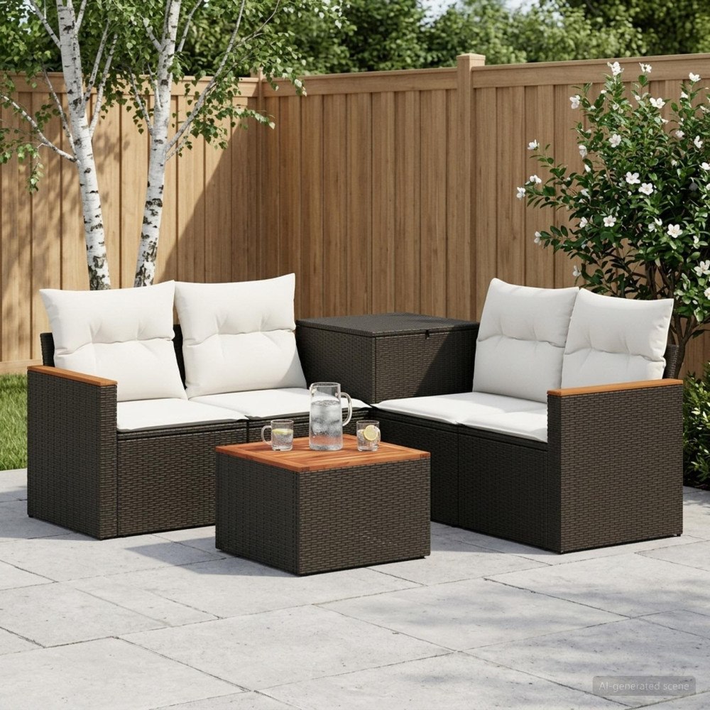 vidaXL Soffset 6 st Svart och krämvit Poly Rattan och stål