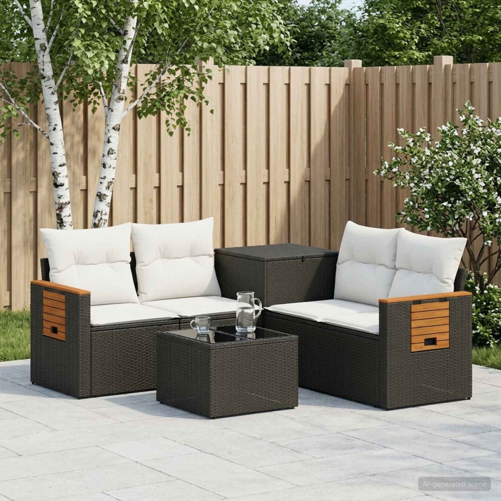 vidaXL Soffset 6 st Svart och krämvit Poly Rattan och stål
