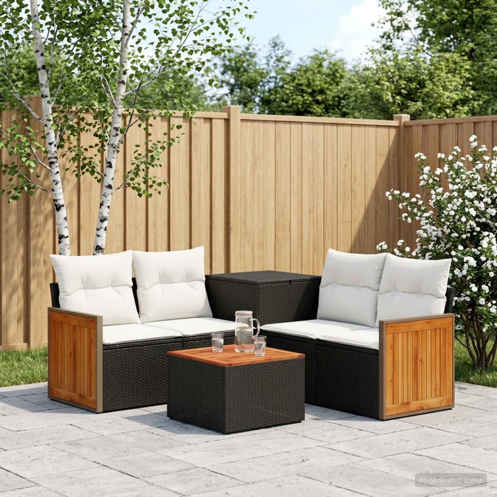 vidaXL Soffset 6 st Svart och krämvit Poly Rattan och stål