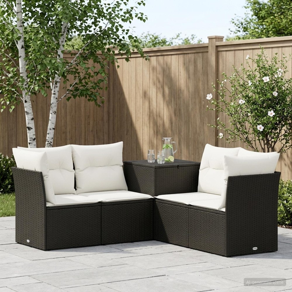 vidaXL Soffset 5 st Svart och krämvit Poly Rattan och stål