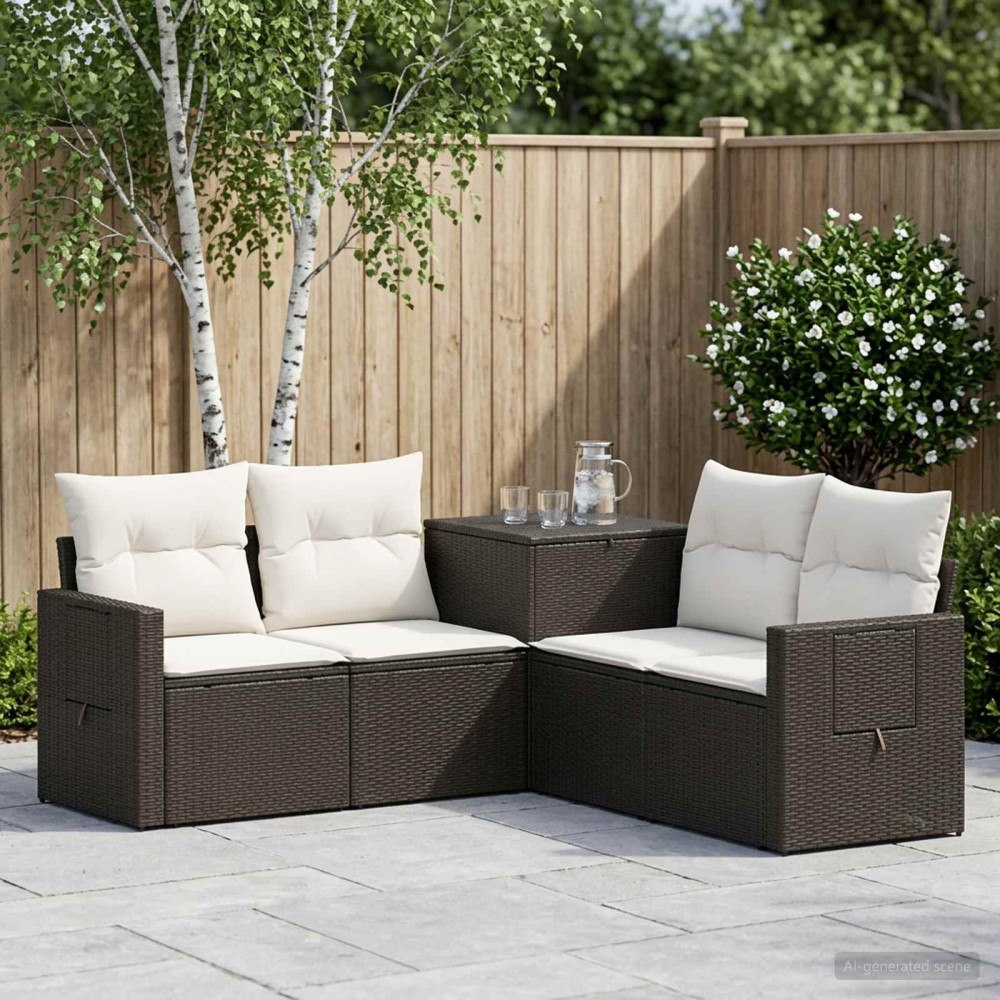 vidaXL Soffset 5 st Svart och krämvit Poly Rattan och stål