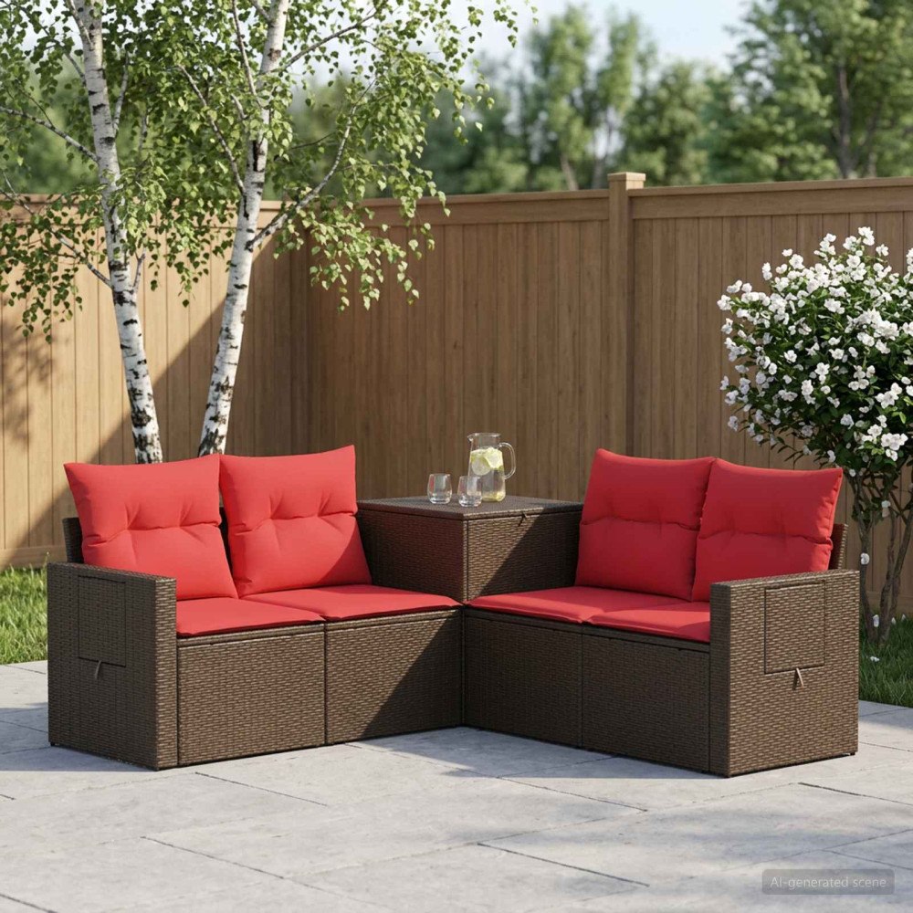 vidaXL Soffset 5 st Brun och Röd Poly Rattan och stål