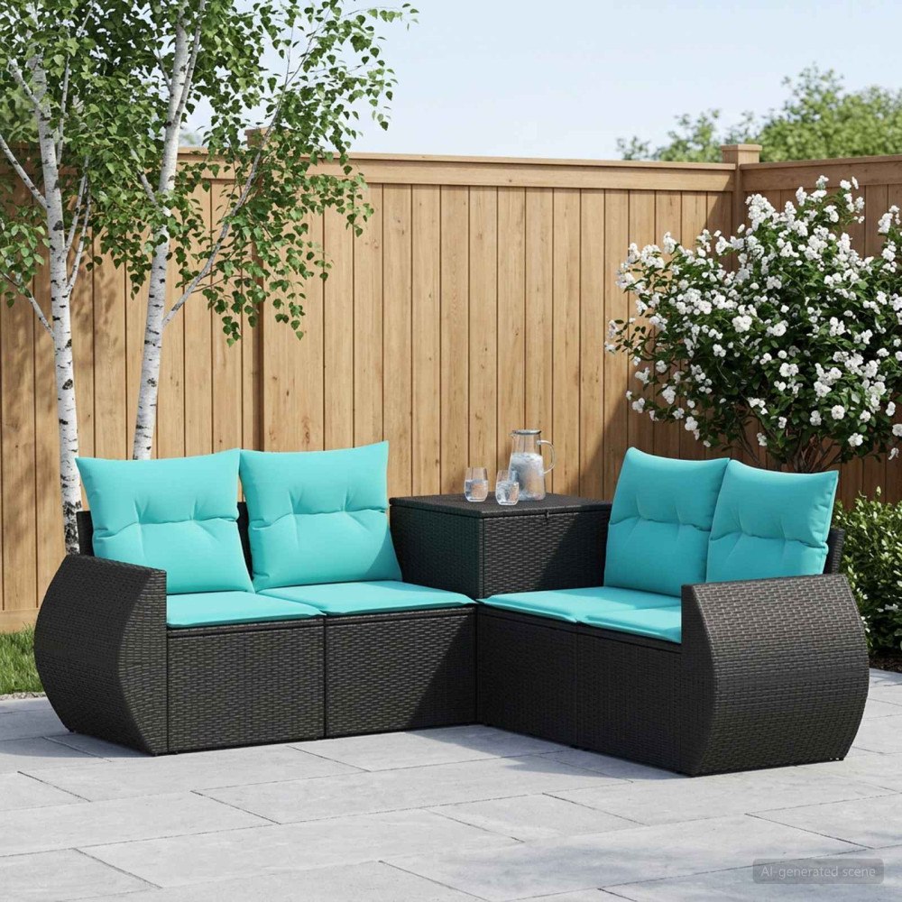 vidaXL Soffset 5 st Svart och blå Poly Rattan och stål