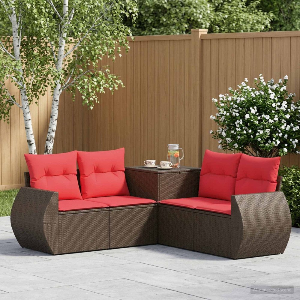 vidaXL Soffset 5 st Brun och Röd Poly Rattan och stål