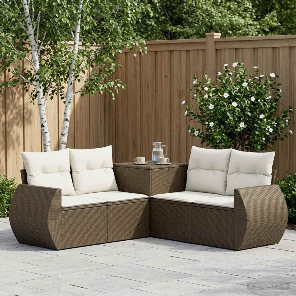 vidaXL Soffset 5 st Brun och krämvit Poly Rattan och stål