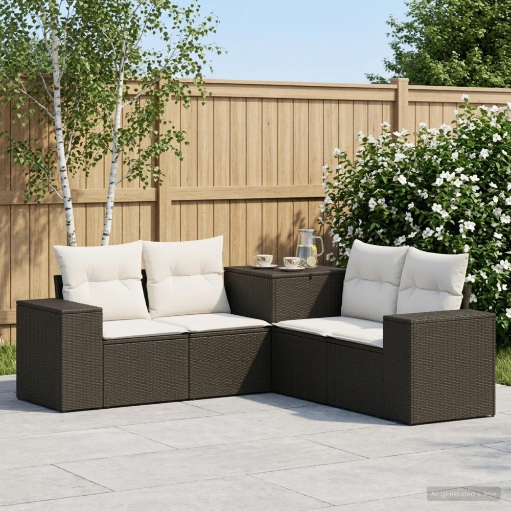 vidaXL Soffset 5 st Svart och krämvit Poly Rattan och stål