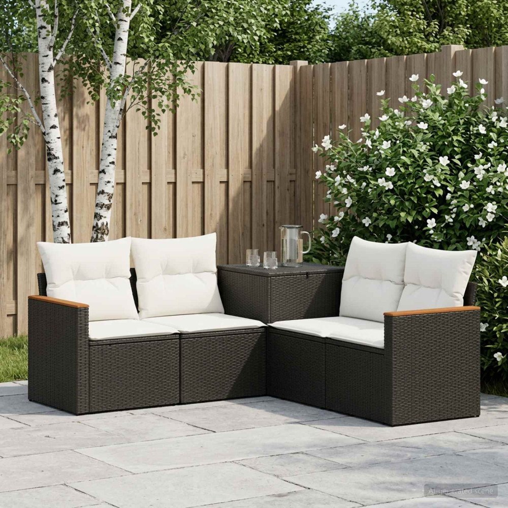 vidaXL Soffset 5 st Svart och krämvit Poly Rattan och stål