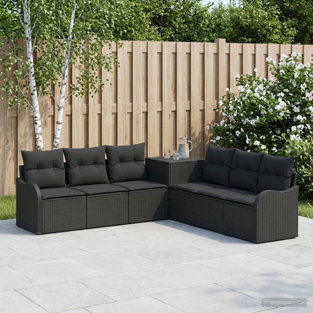 vidaXL Soffset 7 st Svart Poly Rattan och stål