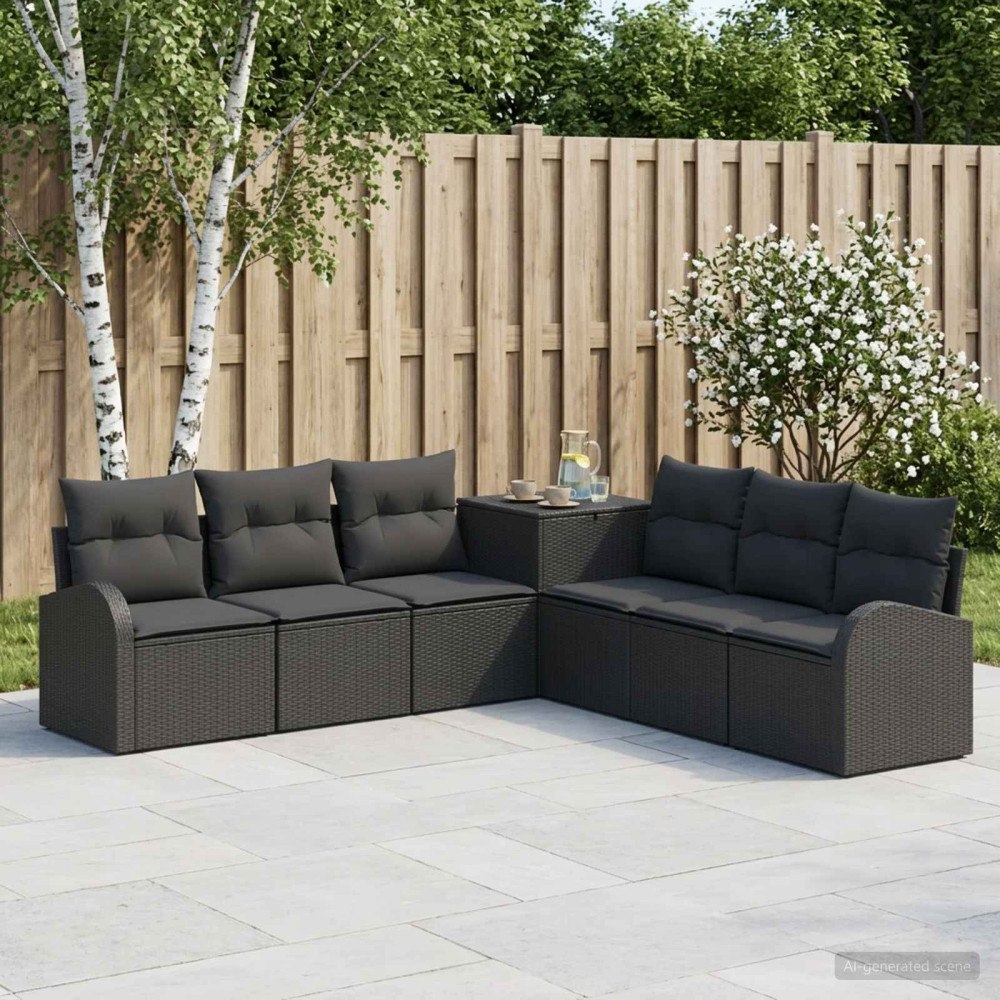 vidaXL Soffset 7 st Svart Poly Rattan och stål