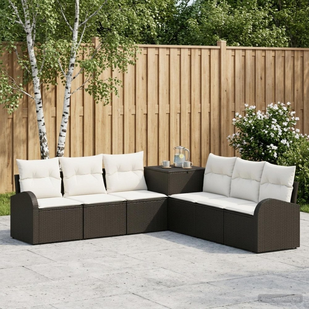 vidaXL Soffset 7 st Svart och krämvit Poly Rattan och stål