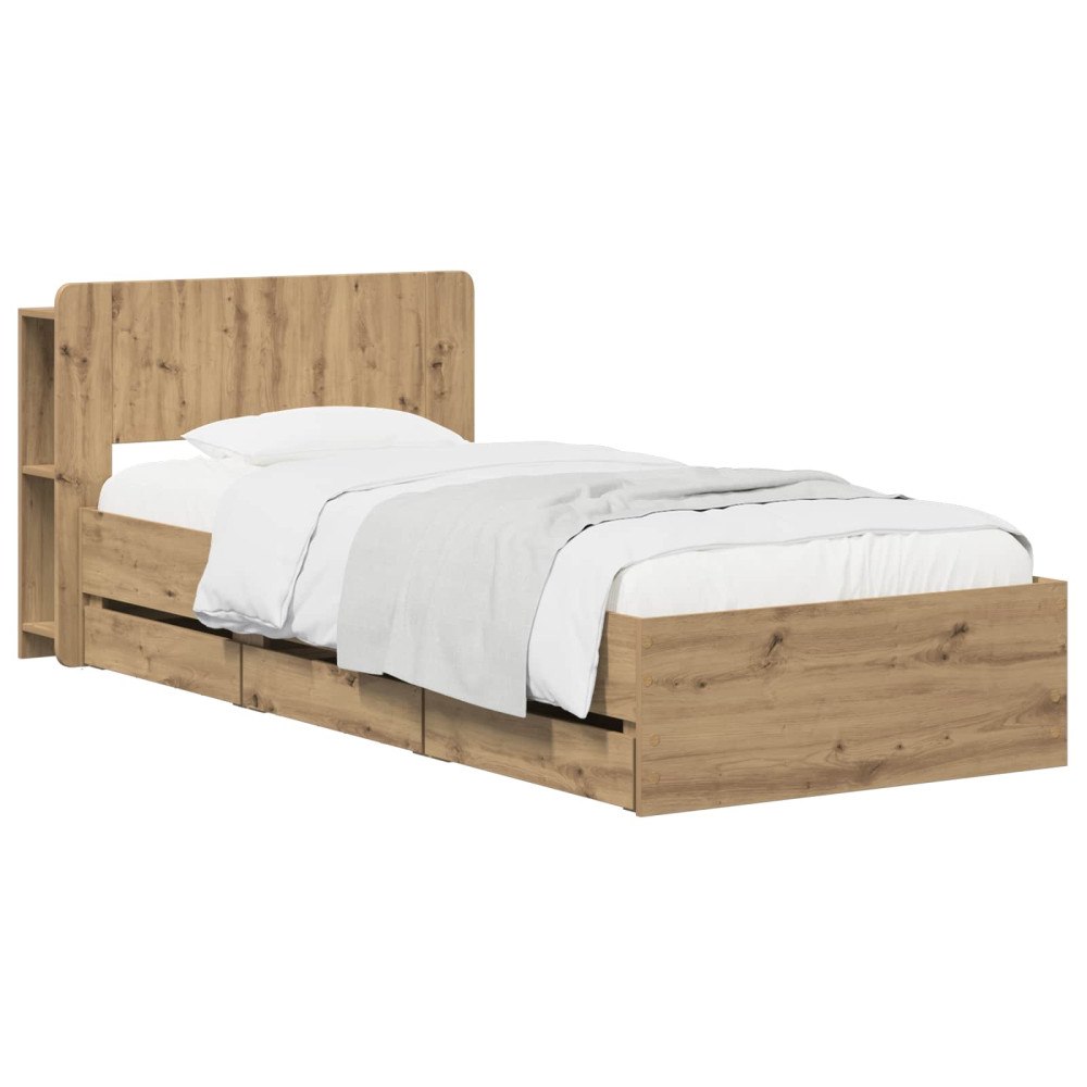vidaXL Sängram med förvaring och huvudgavel Artisan-ek 90 x 200 cm