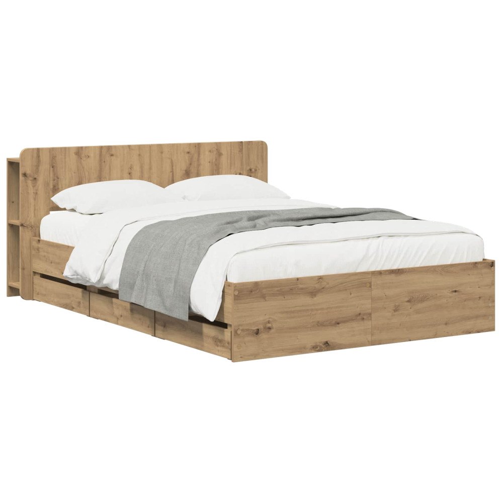 vidaXL Sängram med förvaring och huvudgavel Artisan-ek 140 x 190 cm