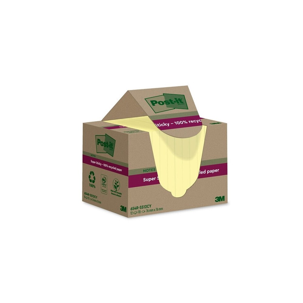 3M Post-it® Super Sticky 100 % Recycled, 12 blokke, kanariegule...
