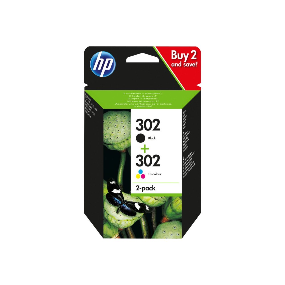 HP HP 302 - 2-pack - svart, färg (cyan, magenta, gul) - original - bläckpatron