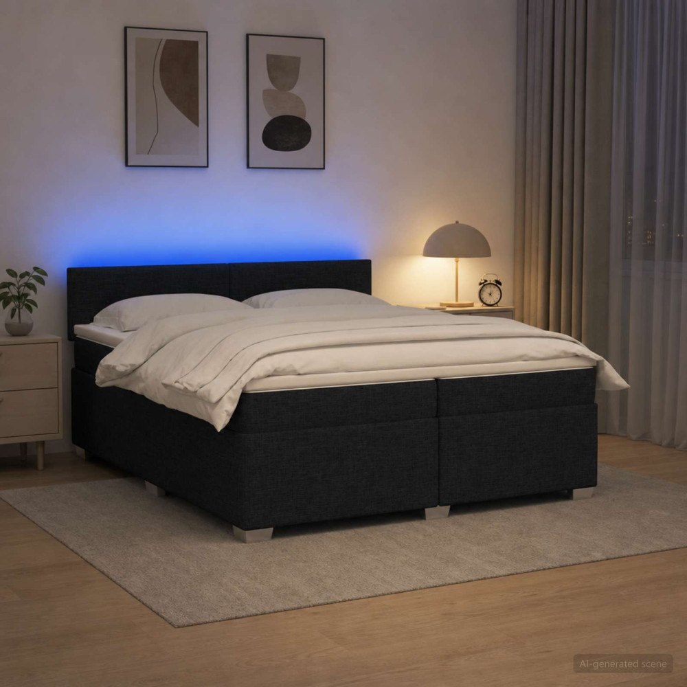 vidaXL Boxspring säng med madrass och LED Svart 200 x 200 cm Tyg