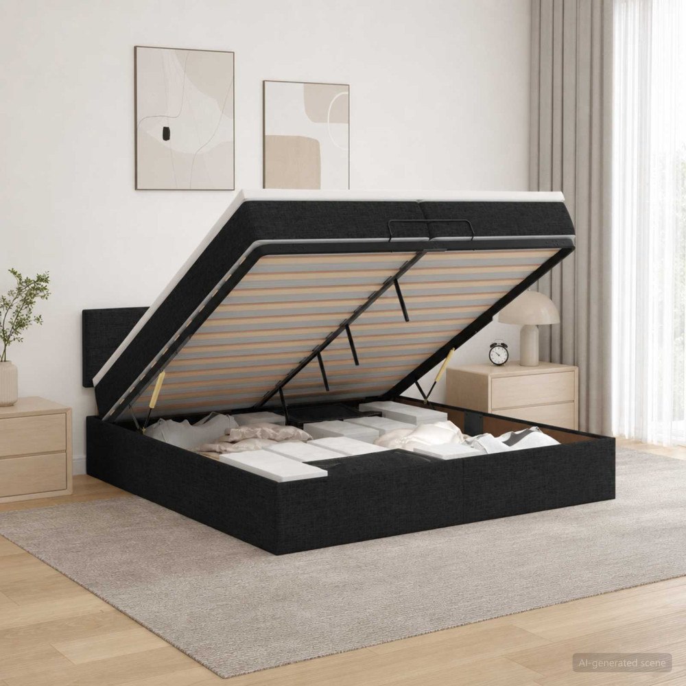 vidaXL Ottoman säng med madrass med huvudgavel Svart 200 x 200 cm Tyg
