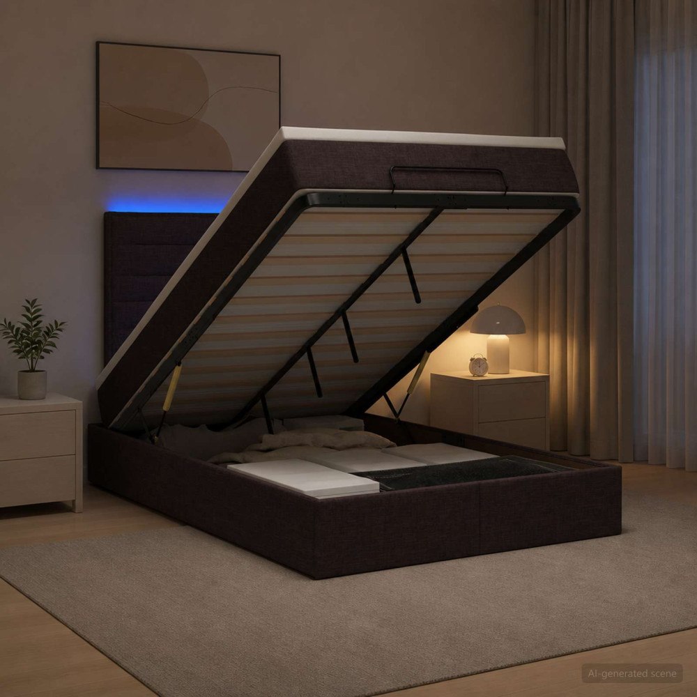 vidaXL Ottoman-säng med madrass och LED Mörkbrun 120 x 200 cm Tyg