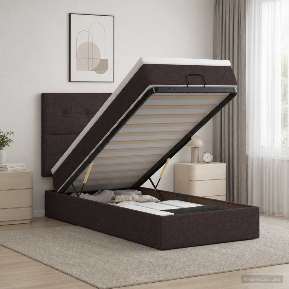 vidaXL Ottoman-säng med madrass och LED Mörkbrun 100 x 200 cm Tyg