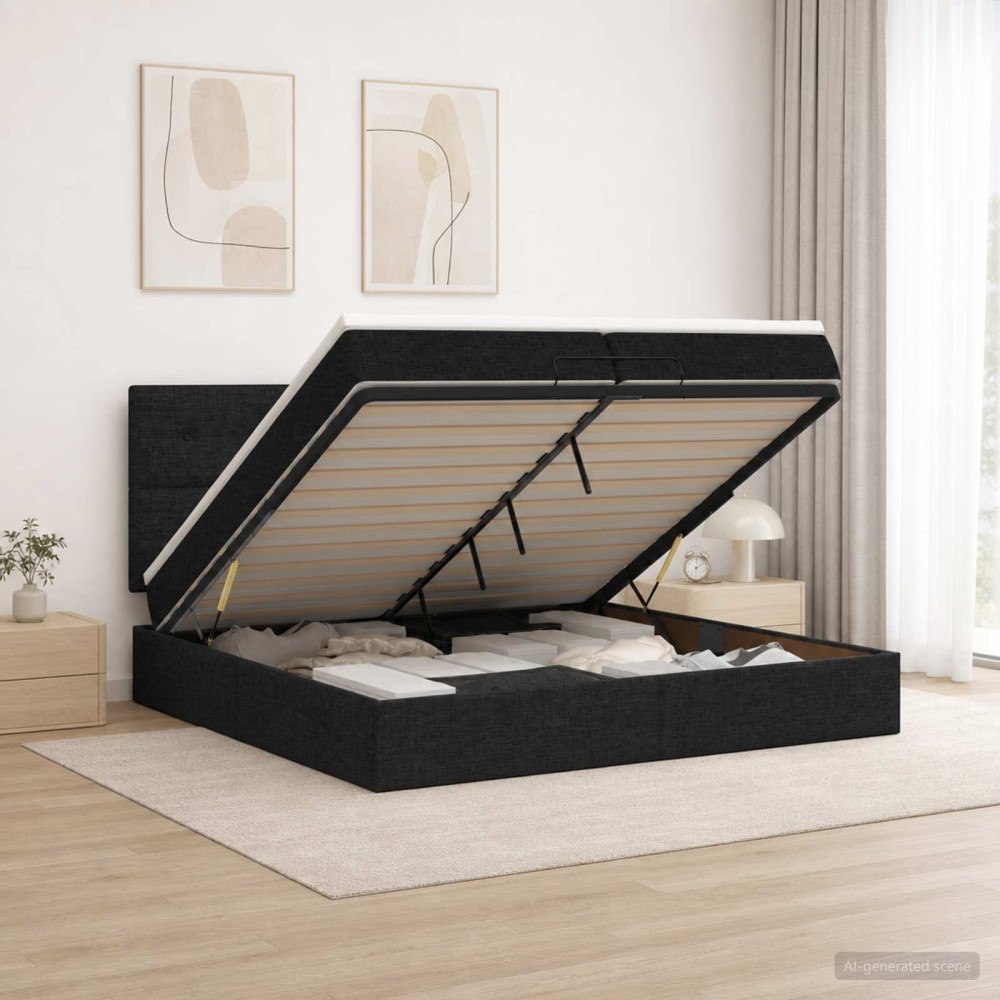 vidaXL Ottoman-säng med madrass och LED Svart 200 x 200 cm Tyg