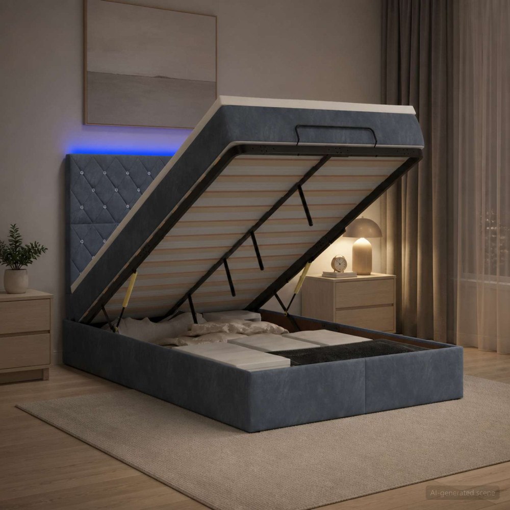 vidaXL Ottoman-säng med madrass och LED Mörkgrå 120 x 190 cm Sammet
