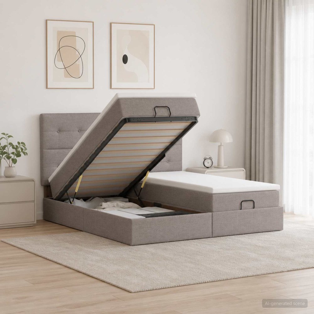 vidaXL Ottoman-säng med madrass och LED Taupe 200 x 200 cm Tyg