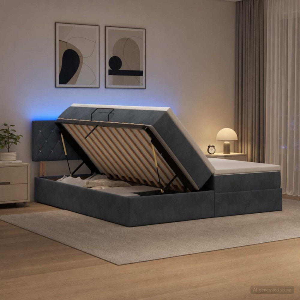 vidaXL LED förvaringssäng med madrass Mörkgrå 200 x 200 cm Sammet