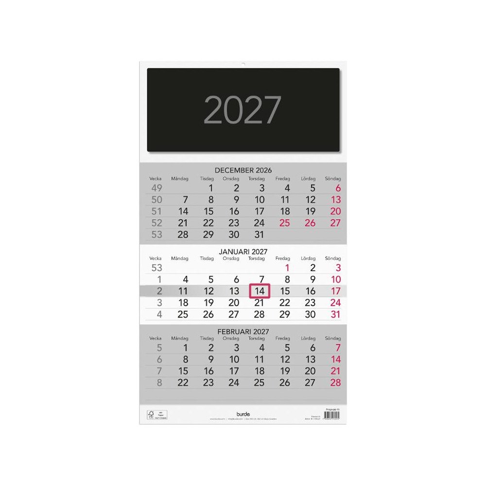 Burde Väggkalender Triplaner Elegant 2027