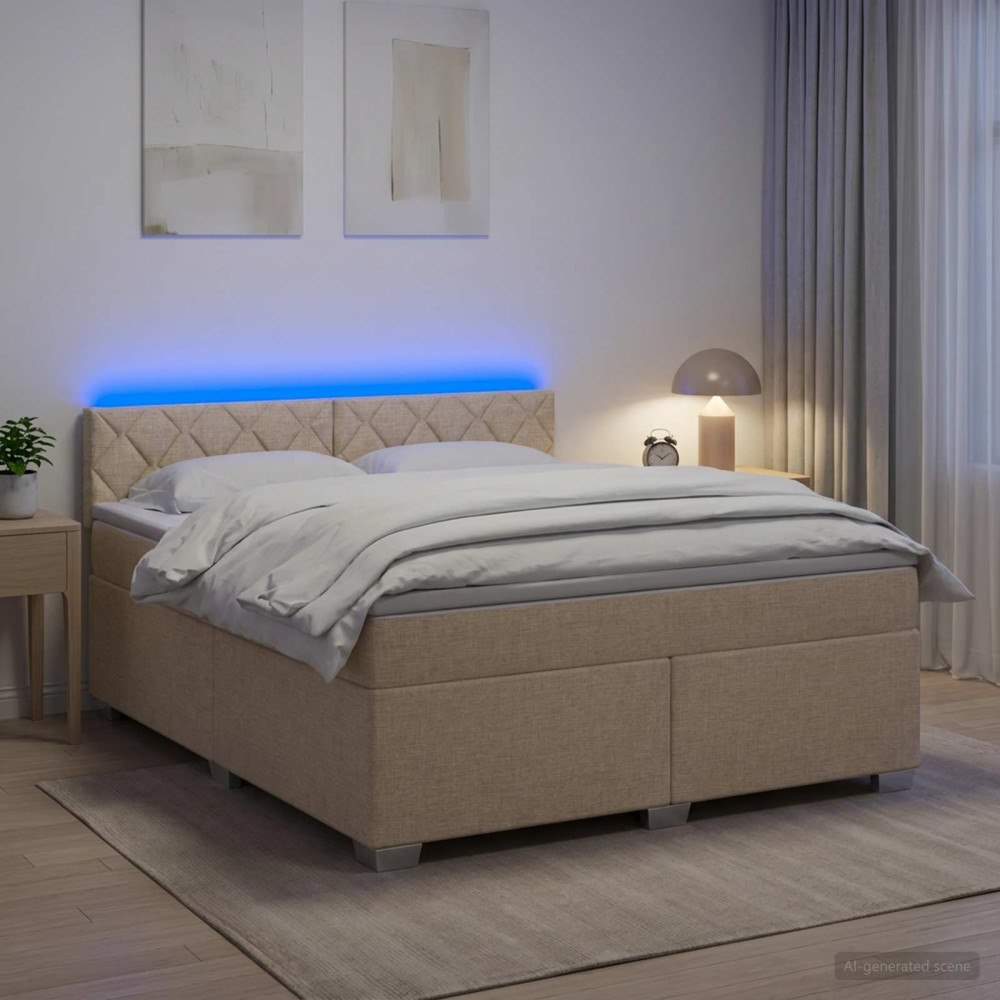 vidaXL Boxspring säng med madrass och LED Gräddvit 180 x 200 cm Tyg
