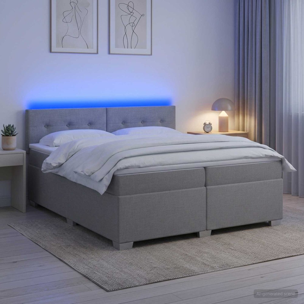vidaXL Boxspring säng med madrass och LED Ljusgrå 200 x 200 cm Tyg